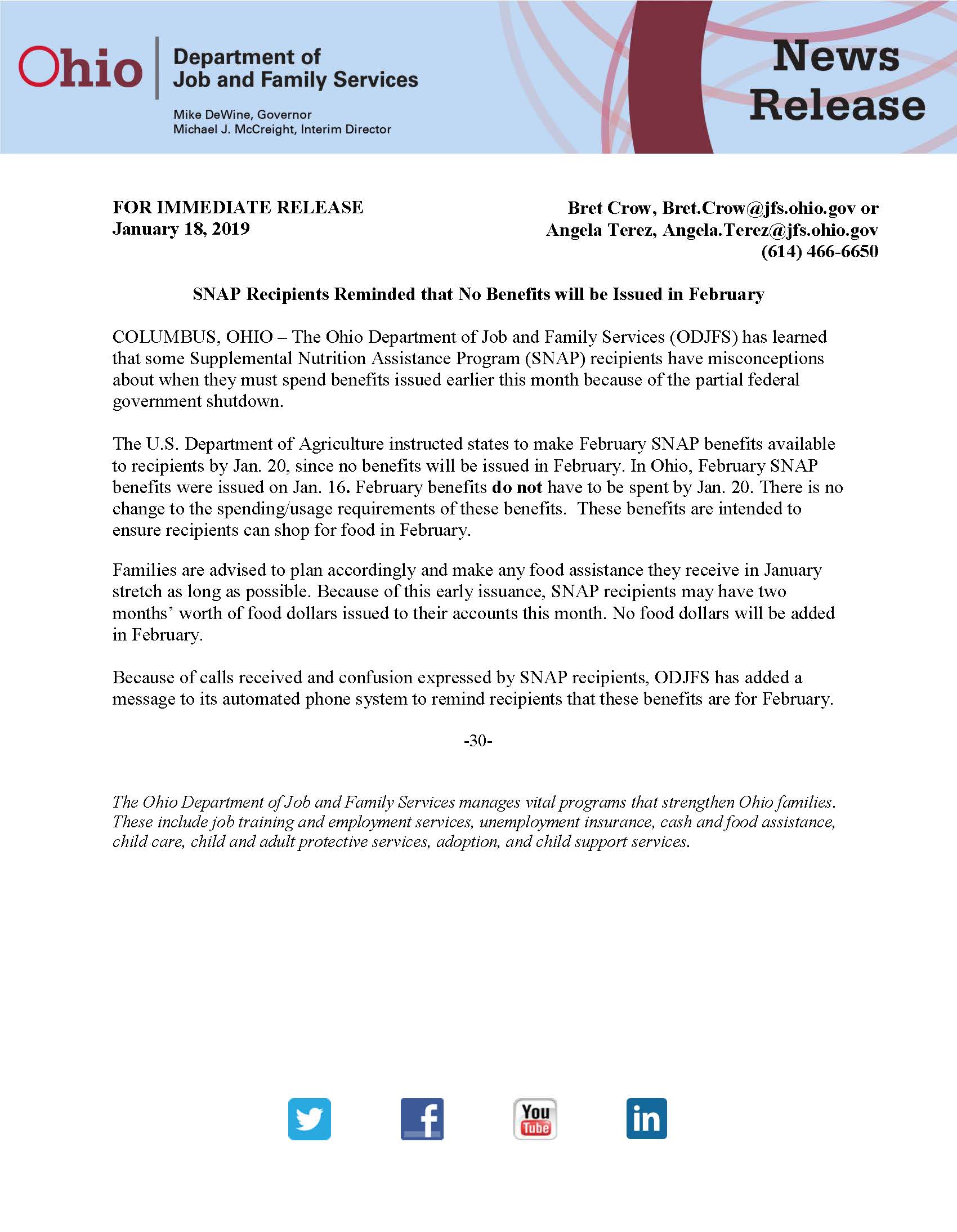 SNAP Benefits Reminder Press Release from Ohio Job and Family Services