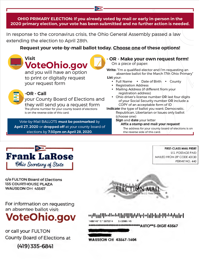 a postcard with information on vote-by-mail options for the march 17th primary election