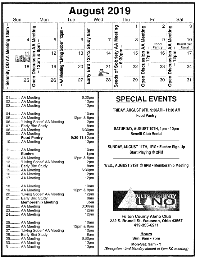 ALANO Club Calendar August